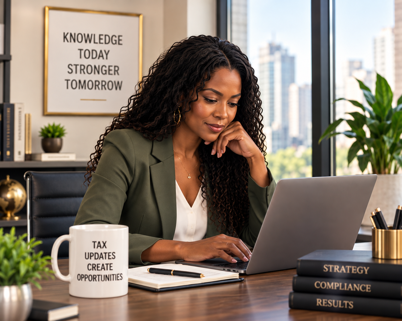A professional woman with curly hair working at her desk in an office, with a city view outside the window. The desk has a laptop, a white mug with words about taxes and opportunities, a notebook with a pen, and stacked black books titled "Strategy," "Compliance," "Results." A motivational wall sign reads "Knowledge Today Stronger Tomorrow."