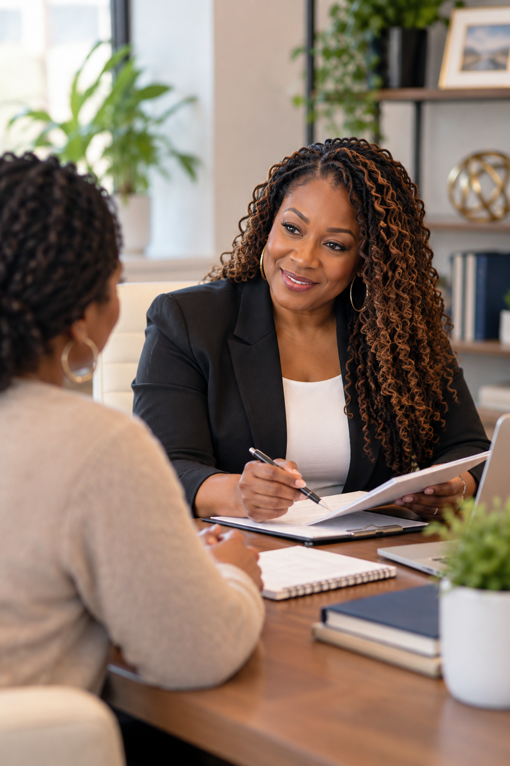 Accounting and tax professional meeting with a client to discuss her financial and tax needs.