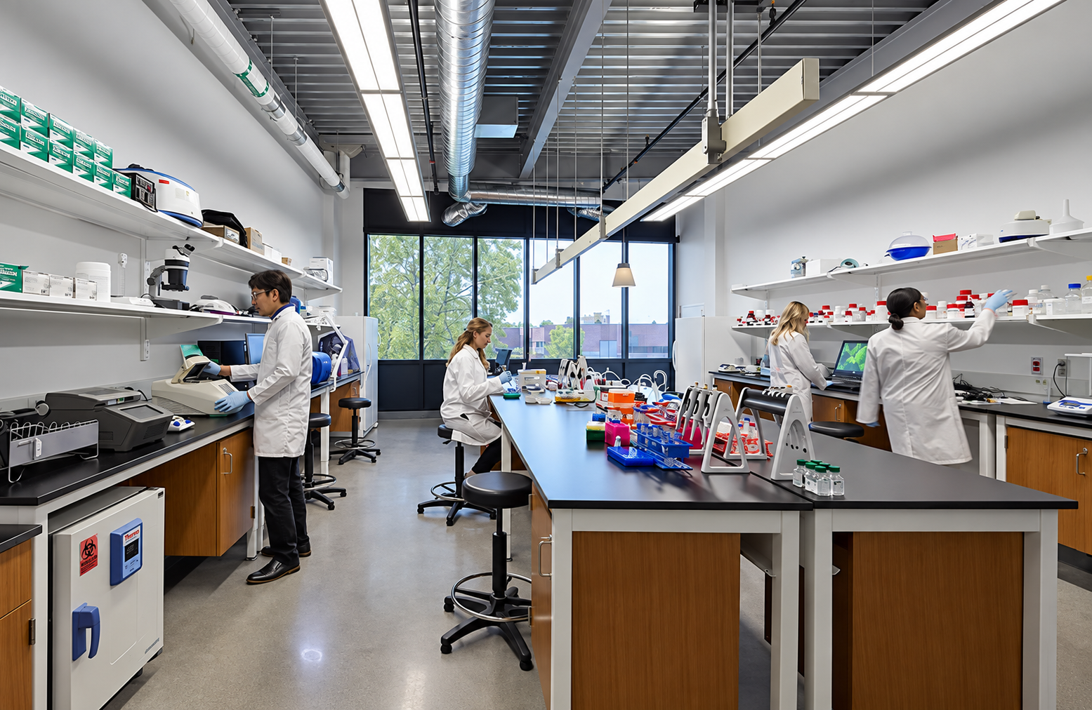 Scientists working in a laboratory with lab equipment, chemicals, and computers, wearing white lab coats.