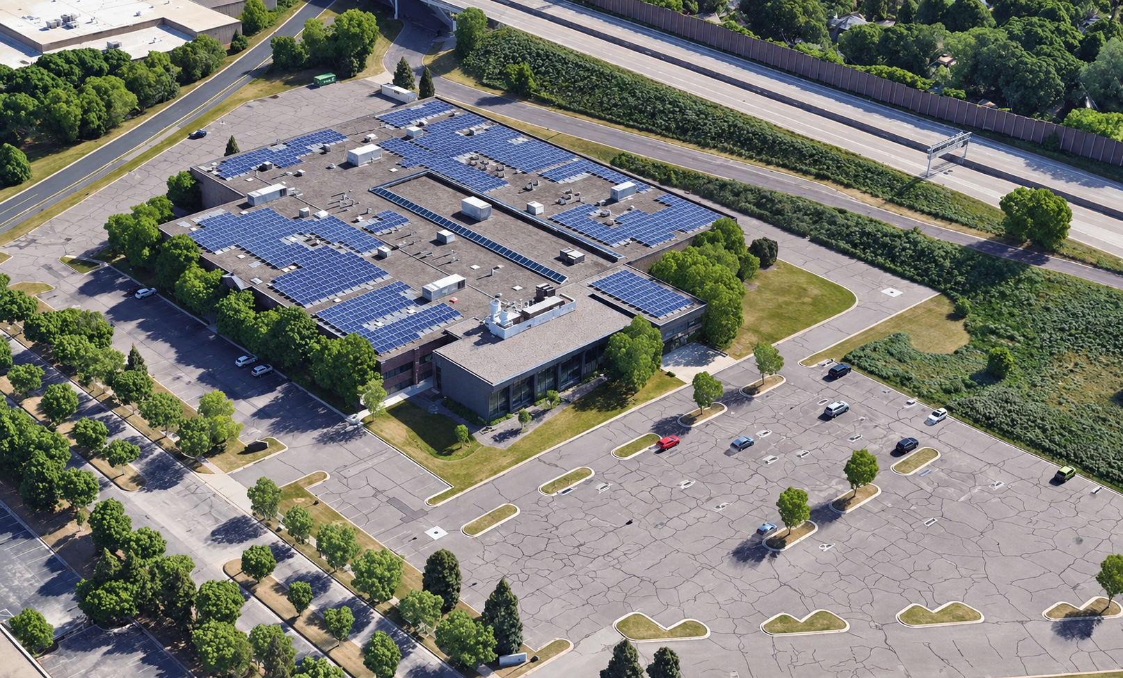 Aerial view of a commercial building with numerous solar panels on its roof, surrounded by parking lots, trees, and nearby highways, in a sunny setting.