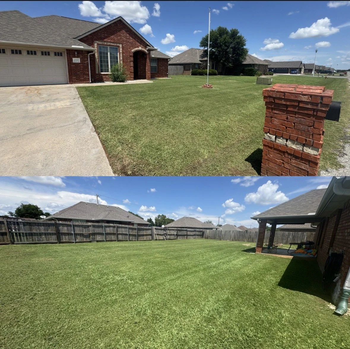 Two images of a residential backyard and front yard on a sunny day with a blue sky and scattered clouds. The front yard has a brick house with a garage, a lawn, and a mailbox. The backyard has a large, well-kept grassy area, a wooden fence, a covered