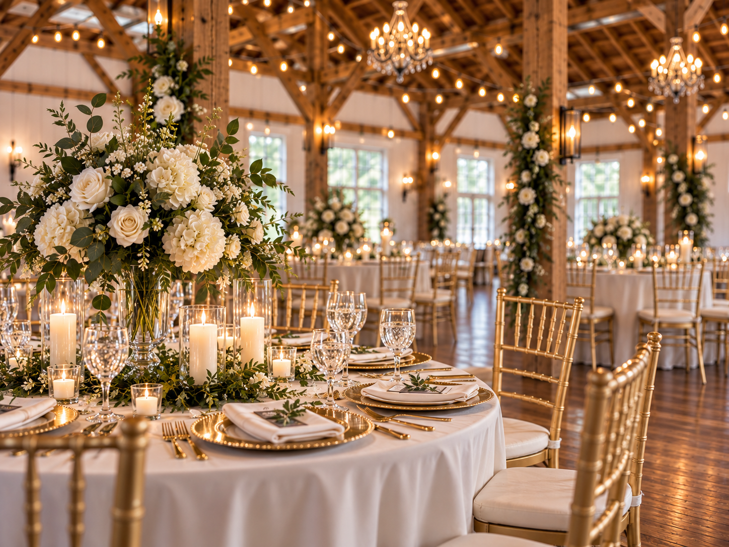 A decorated reception hall in an Iowa barn.
