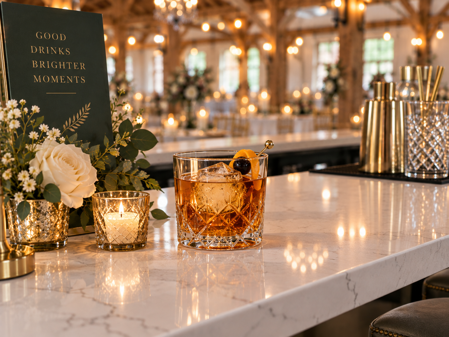 Iowa wedding cocktail ideas. An Old Fashioned drink set on top of our Venue bar at The Cambridge Estate