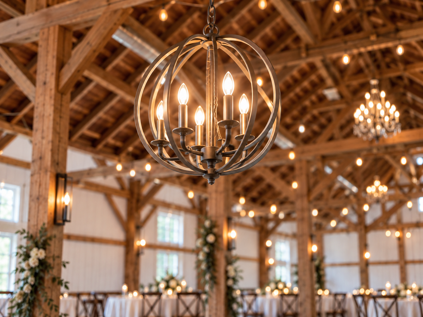 Wedding hall in Iowa seating up to 150 guests with beautiful chandeliers.
