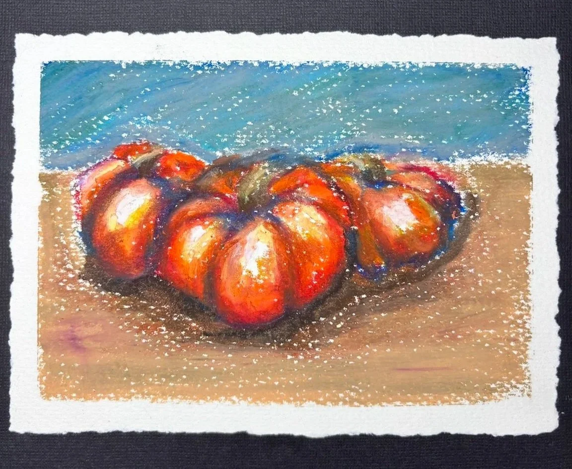 Autumn Pumpkin — A richly colored orange pumpkin on handmade paper. Learn rounded form with warm and cool autumn layers. Approximately 90–105 minutes.