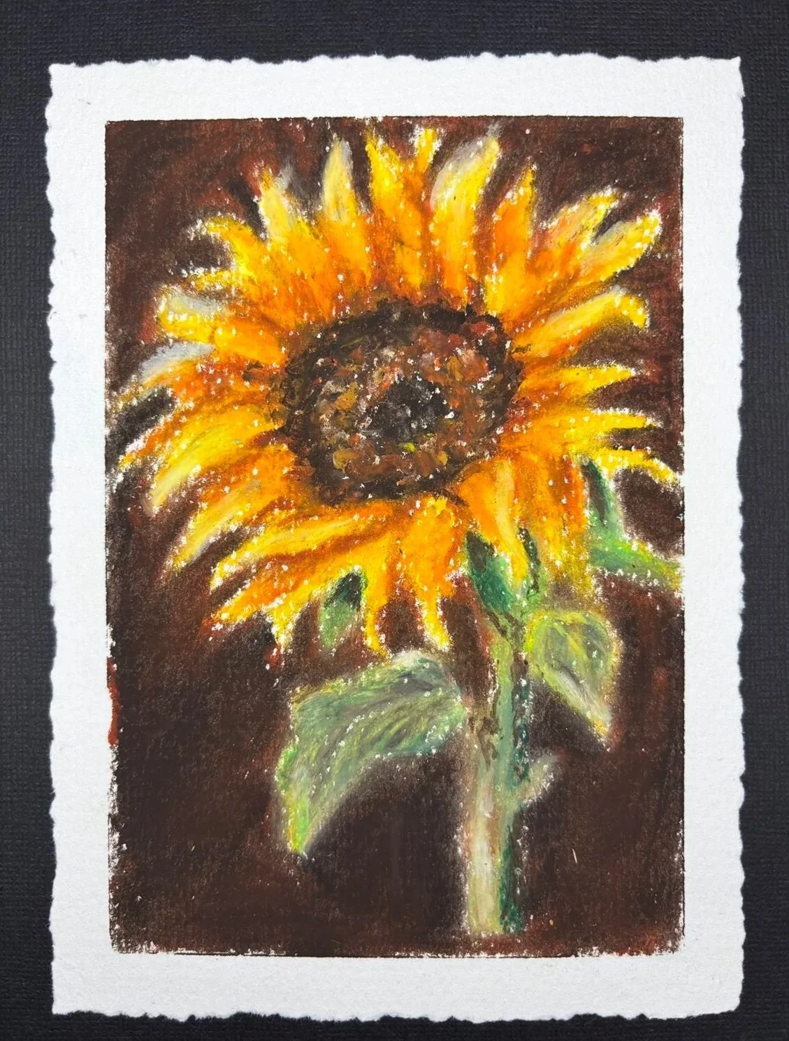 Expressive Sunflower — A bold yellow sunflower with a textured dark center and green leaves. Explore broken color and energetic pastel strokes. Approximately 105–120 minutes.