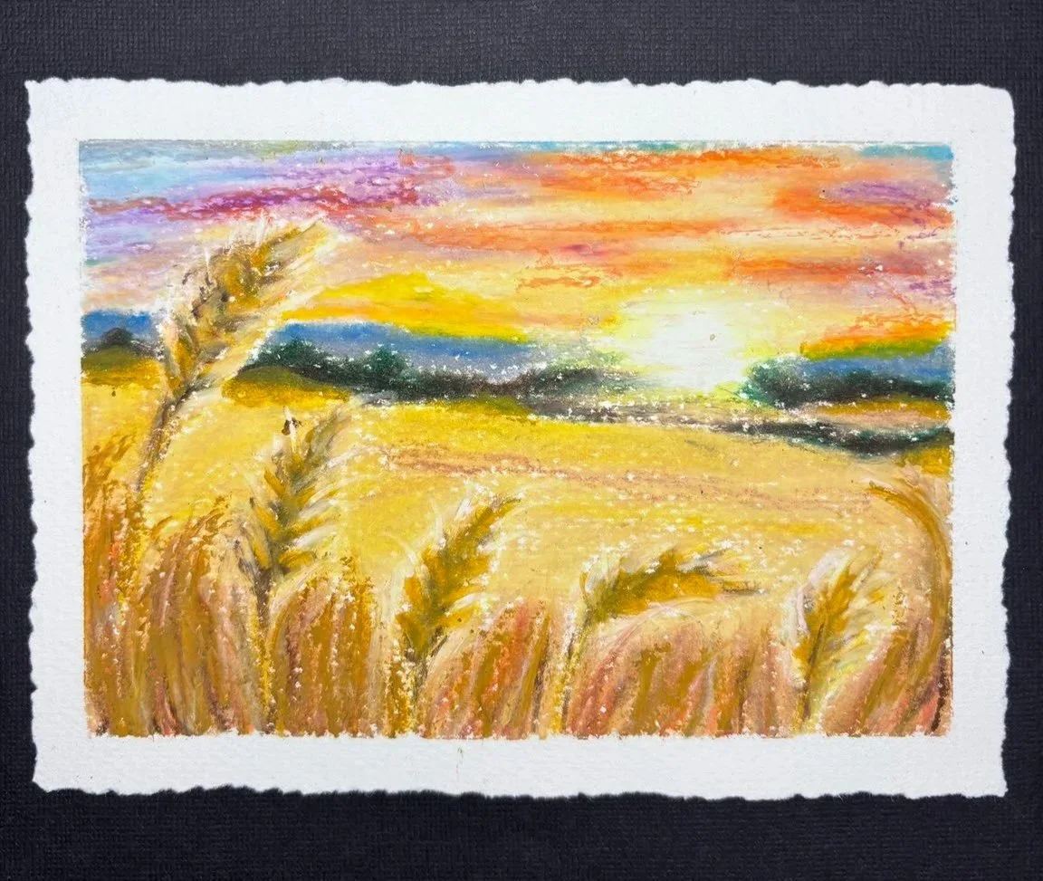 Golden Fields — A golden wheat field beneath a glowing evening sky. Explore atmospheric color and loose directional marks. Approximately 105–120 minutes.