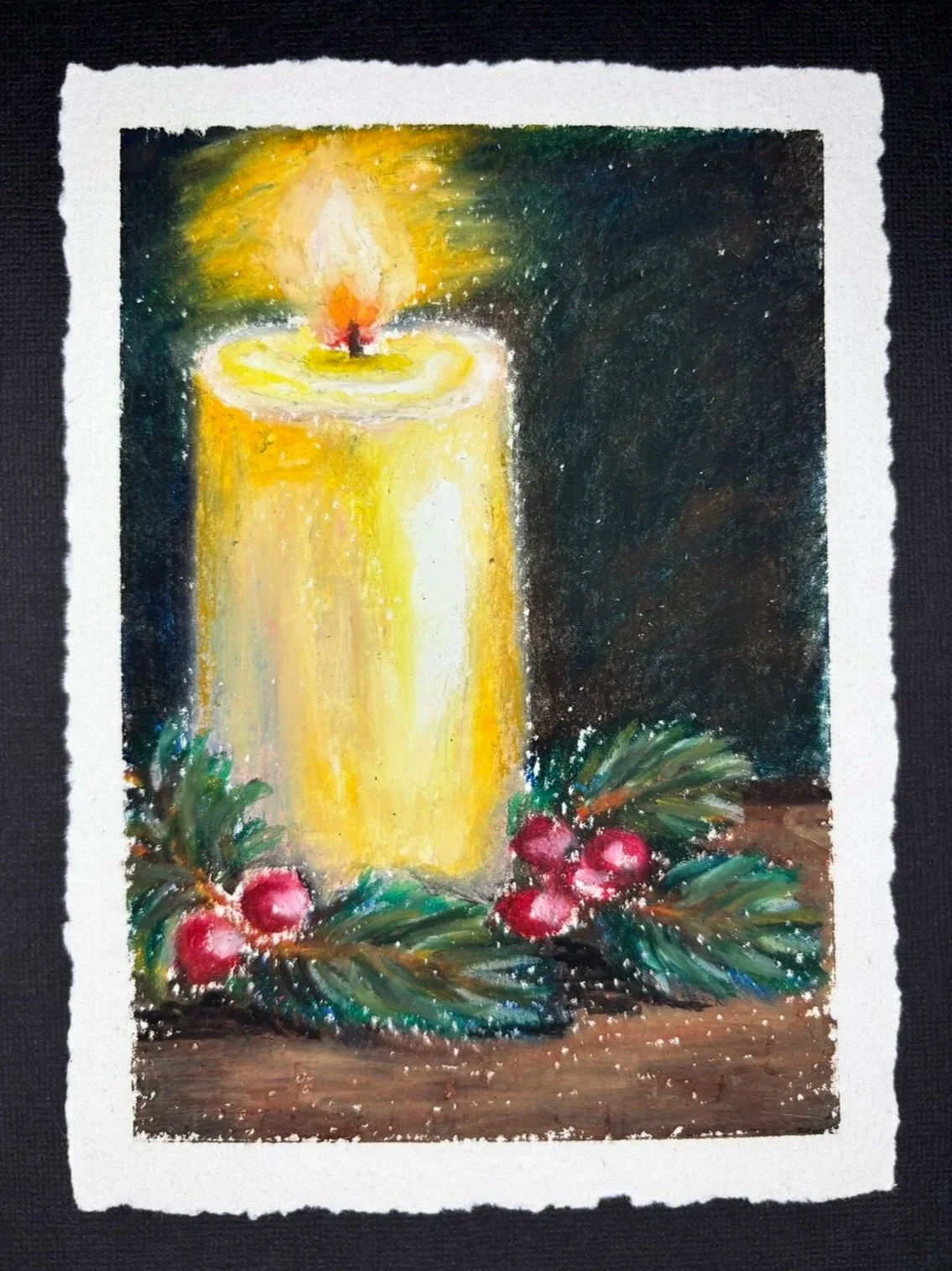 Holiday Candlelight — A glowing yellow candle with evergreen sprigs and red berries. Create warm light against a dark background. Approximately 100–110 minutes.
