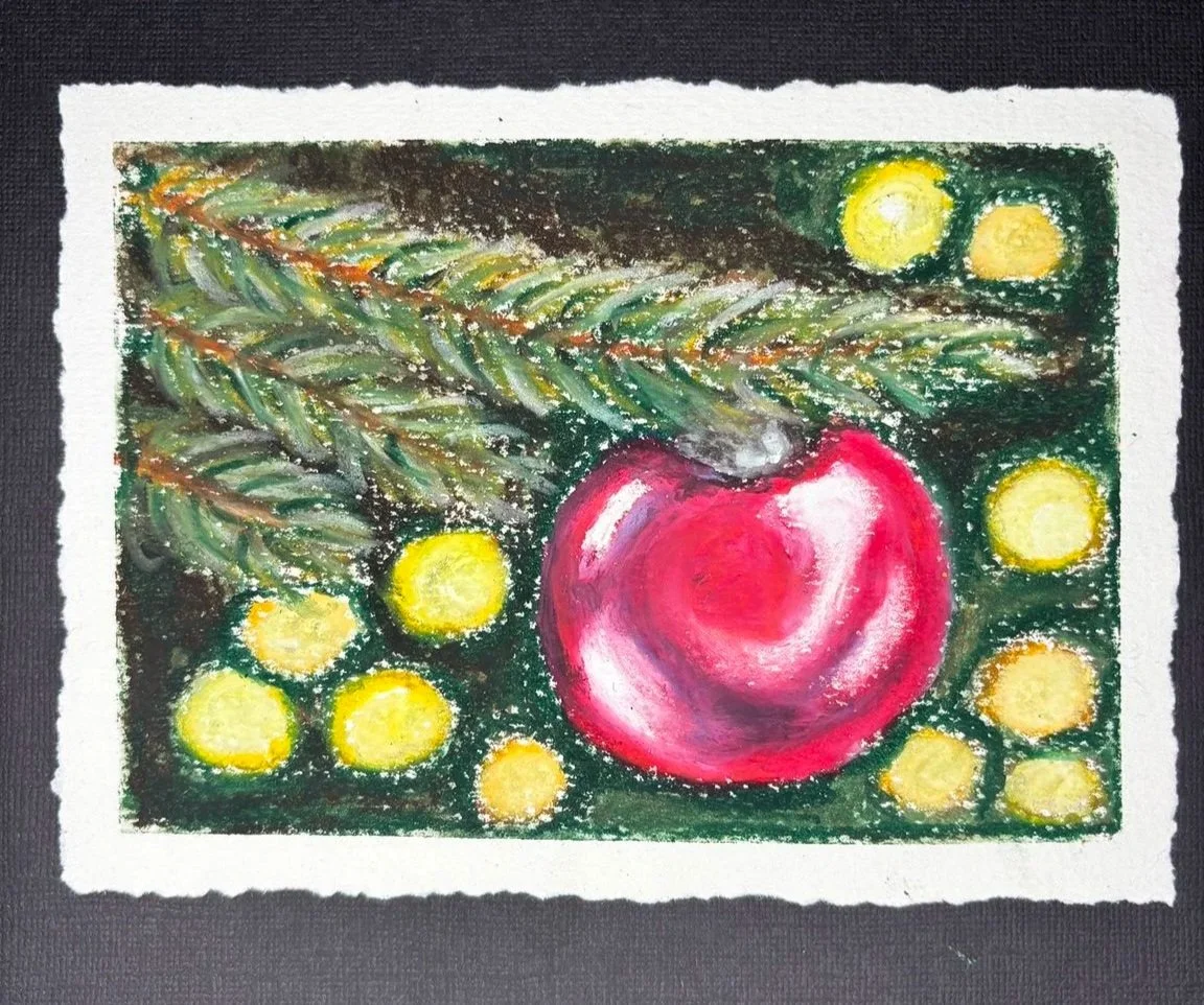 Holiday Glow — A reflective red ornament beneath an evergreen branch with glowing yellow lights. Practice circular masking and reflected light. Approximately 90–105 minutes.