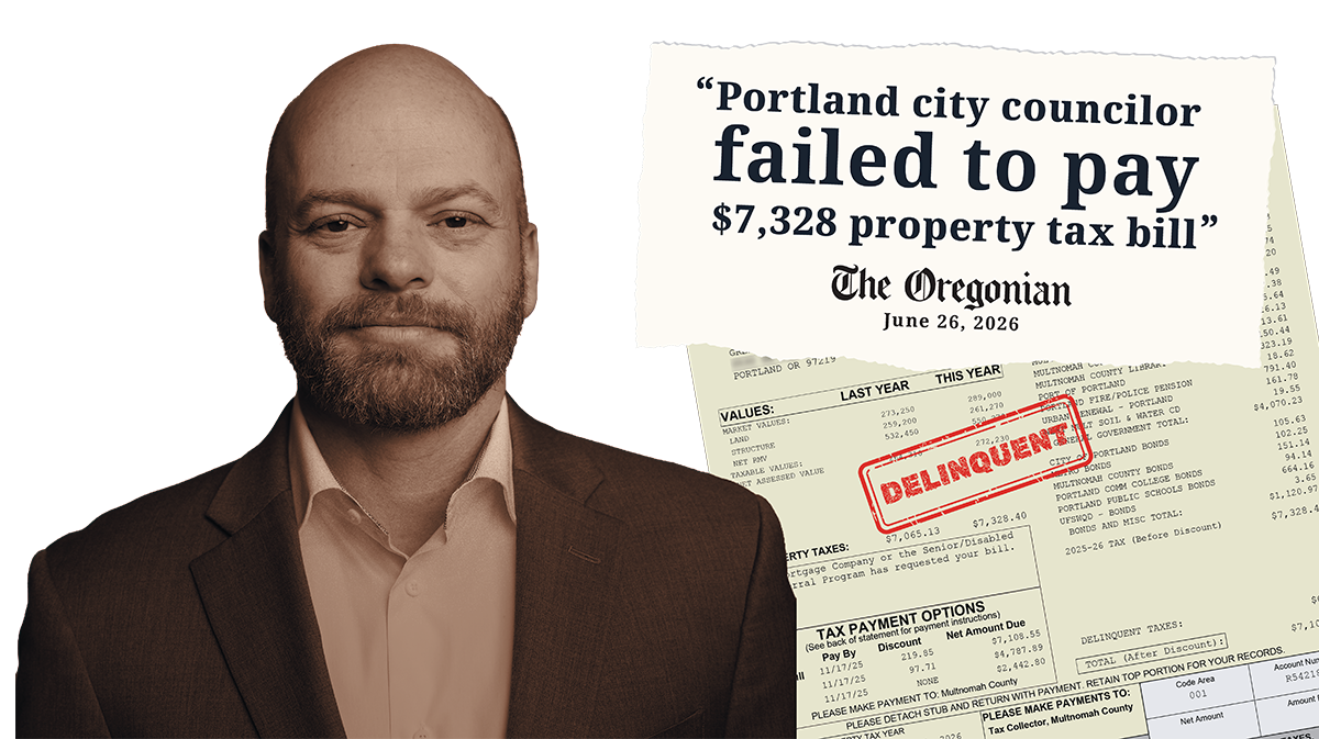 Mitch Green standing next to a property tax bill document showing unpaid taxes and a red "DELINQUENT" stamp.