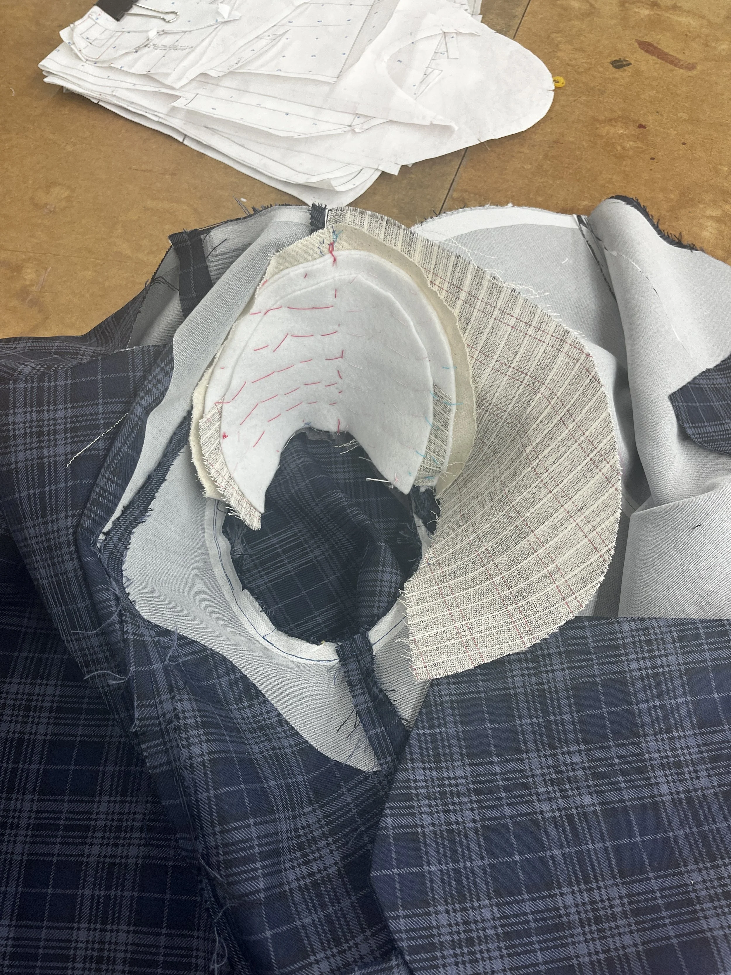 Fitted Suit Jacket, wool, with shoulder pads and welt pockets. Designed, flat patterned, and constructed in 2025.