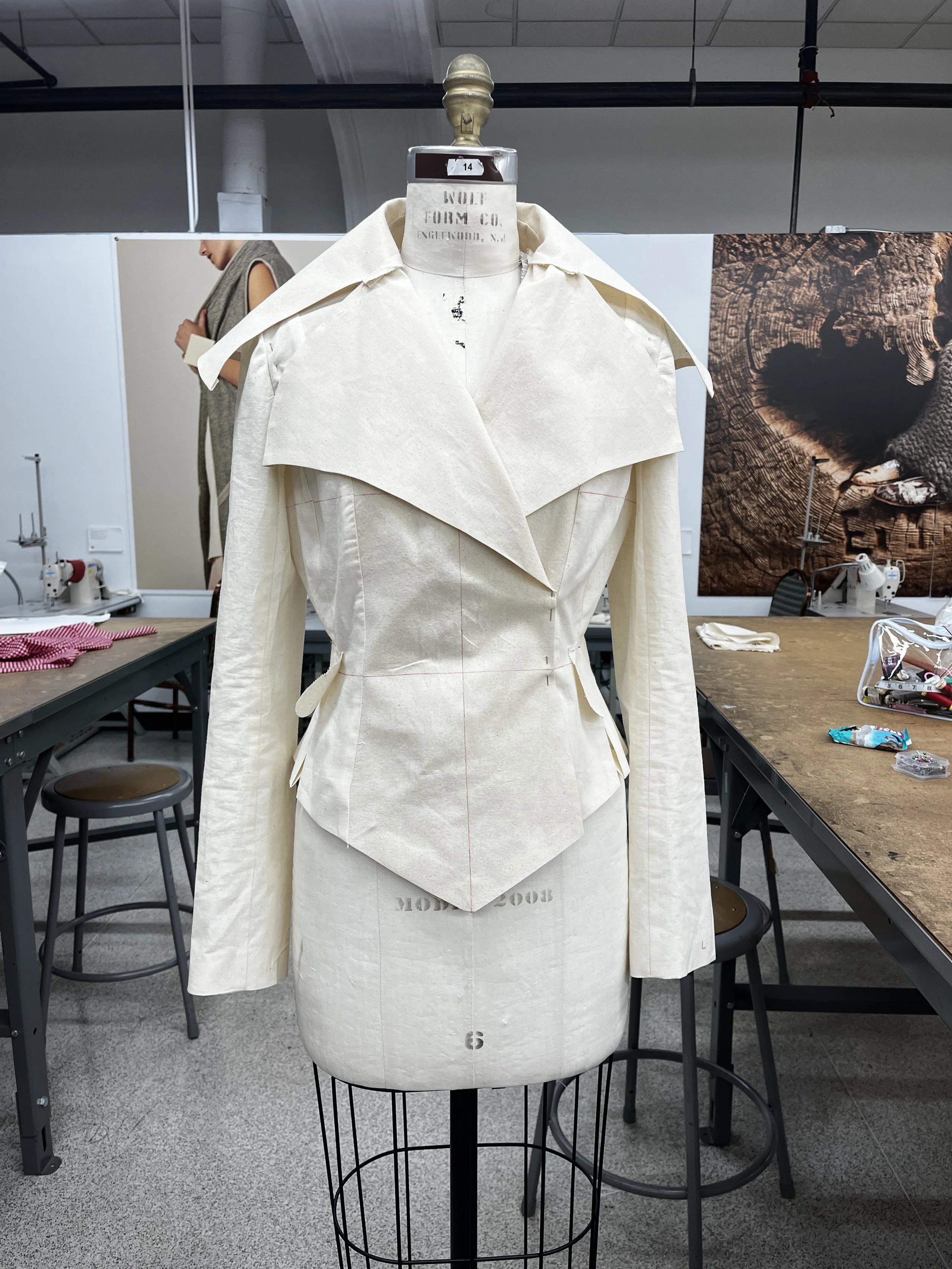 Fitted Suit Jacket, wool, with shoulder pads and welt pockets. Designed, flat patterned, and constructed in 2025.