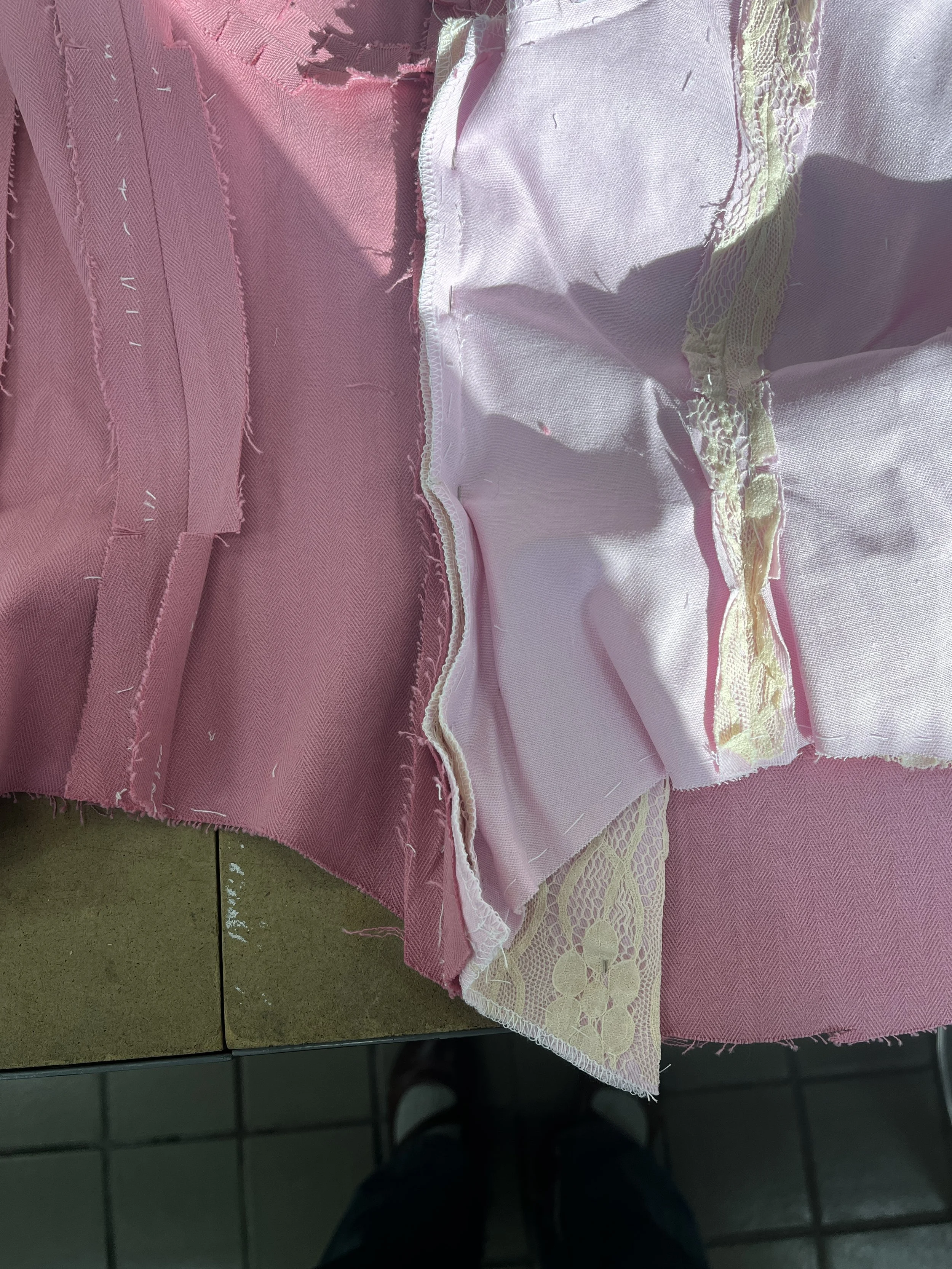 Corseted zip up dress, with decorative front lace up and draped skirt. Measured and sewn to my measurements. Designed, flat patterned, and constructed in 2024.