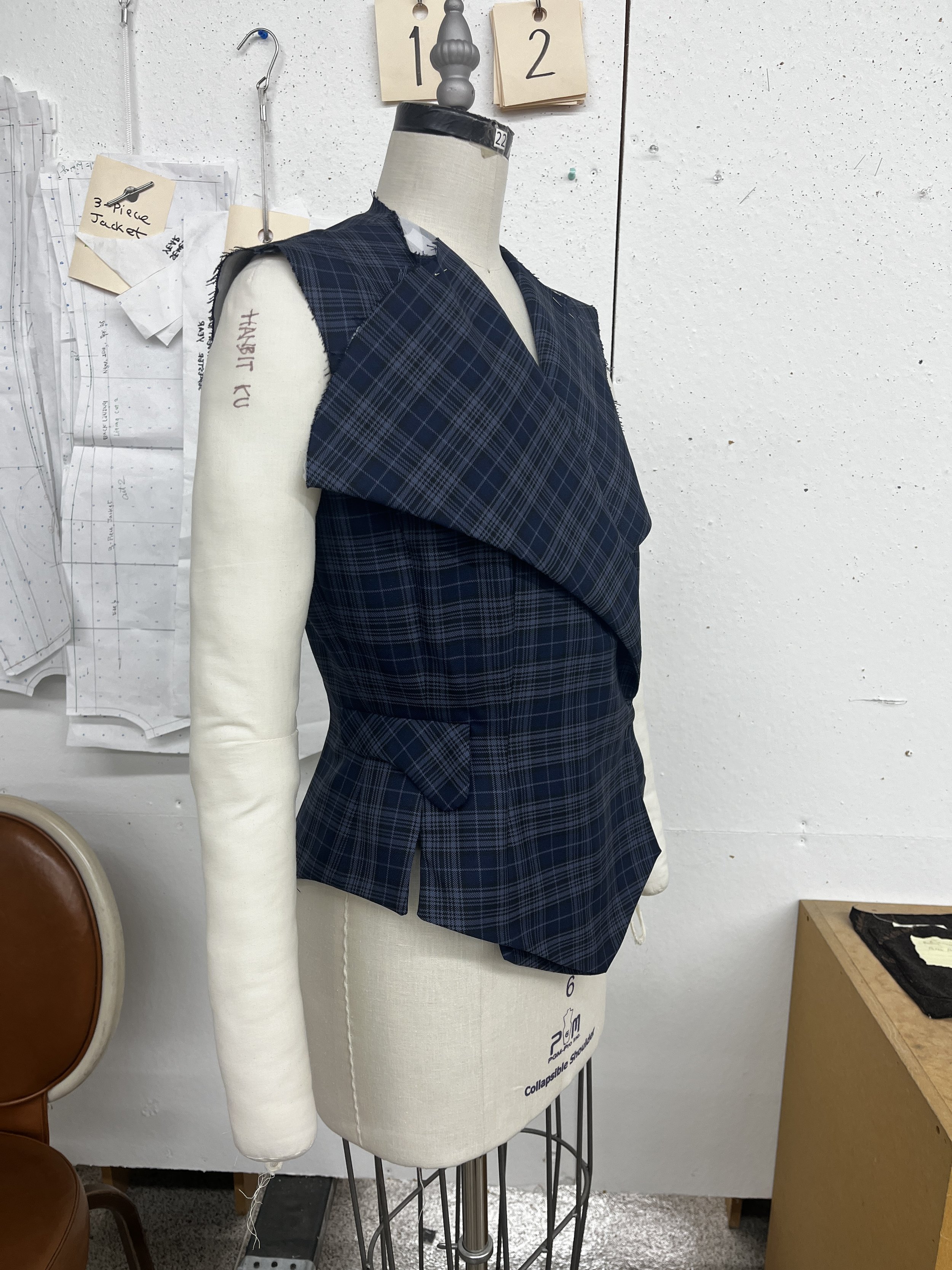 Fitted Suit Jacket, wool, with shoulder pads and welt pockets. Designed, flat patterned, and constructed in 2025.