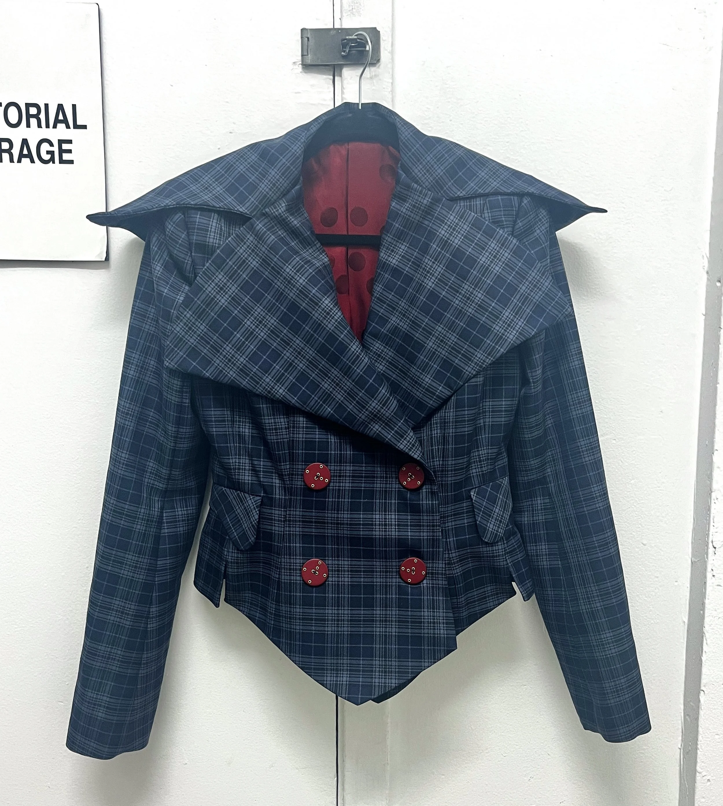 Fitted Suit Jacket, wool, with shoulder pads and welt pockets. Designed, flat patterned, and constructed in 2025.