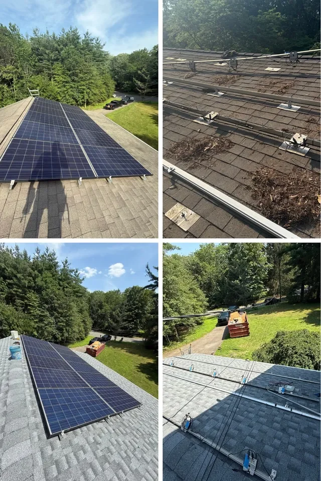 Various images showing the installation of solar panels on residential roofs, including panels being mounted and wiring setup.