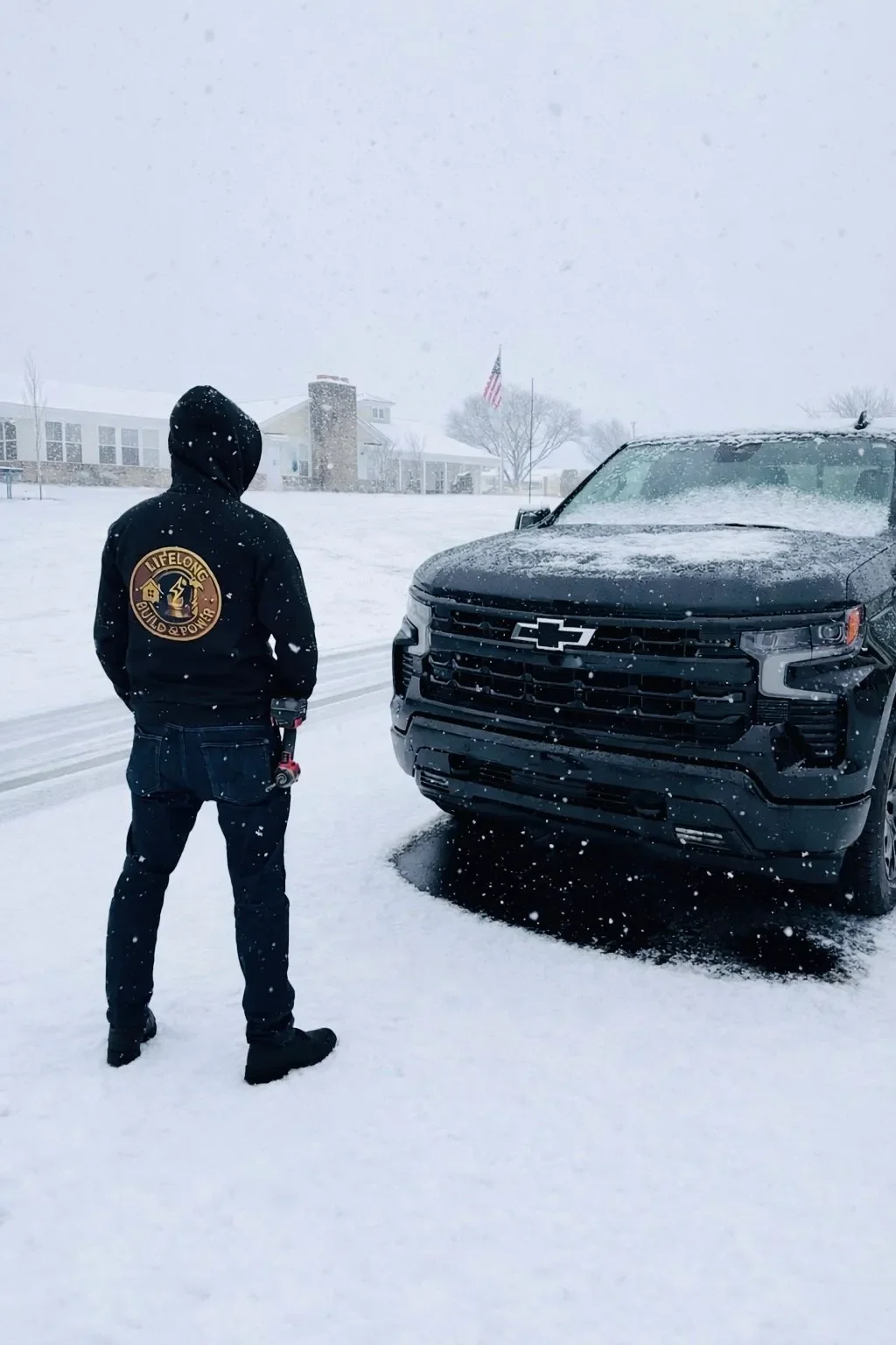 A person in a black hoodie with a patch on the back stands in a snowy landscape next to a black Chevrolet truck, with snow falling and an American flag in the background.