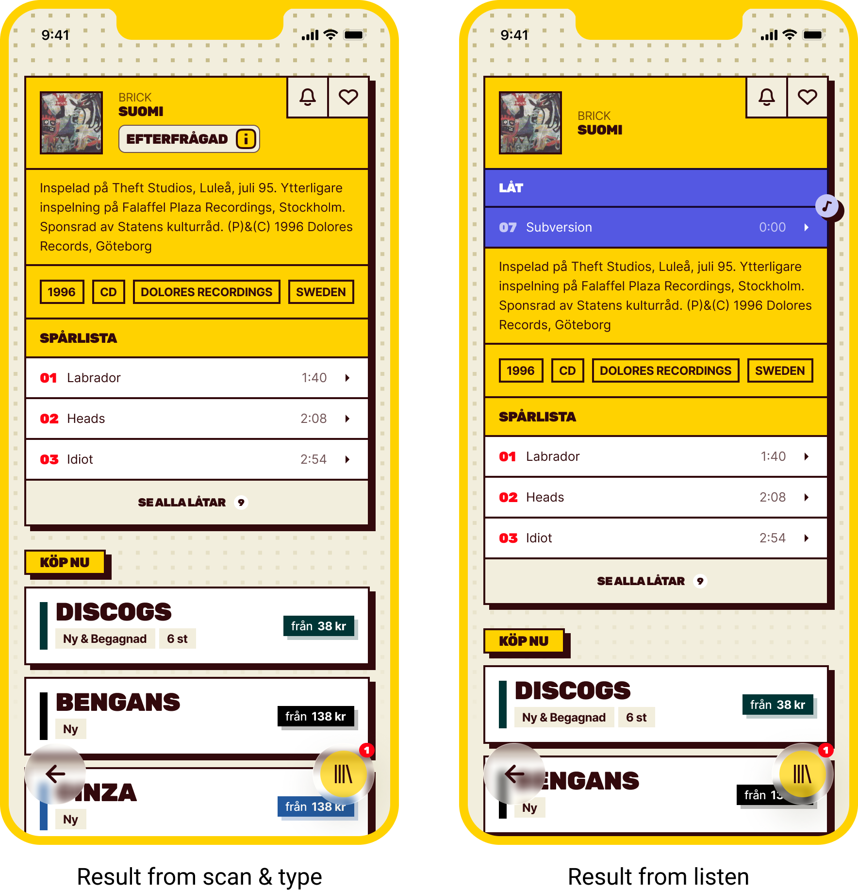 Two mobile phone screens showing a yellow music app interface featuring a song by the artist Suomi, with track details including title, album, year, and playlist, with buttons for navigation and options.