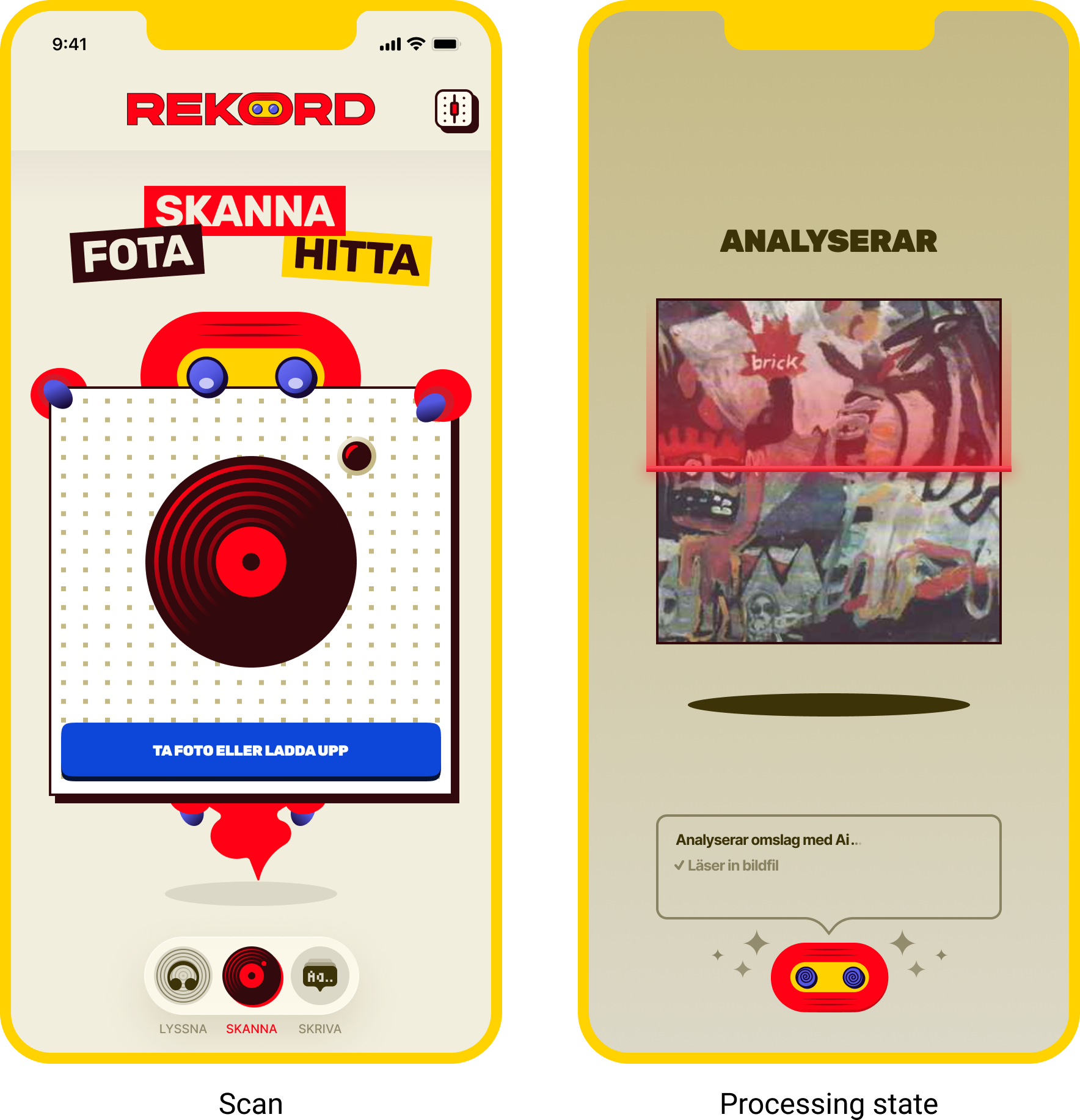Screenshot of a mobile app interface in Swedish with options for recording, scanning, and writing, showing a target with a red circle, a large red button, and icons for different recording modes. Two screens are visible: one with the app's logo and controls, and the other indicating image analysis.