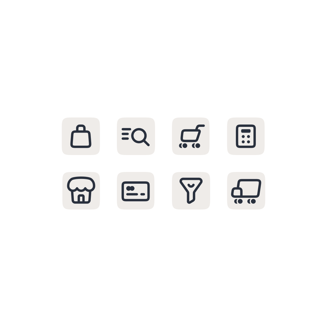 Collection of nine shopping-related icons, including a shopping bag, magnifying glass, shopping cart, calculator, storefront, credit card, cocktail glass, another credit card, and another shopping cart.