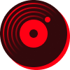 Red and black turntable record player with stylus on a red background