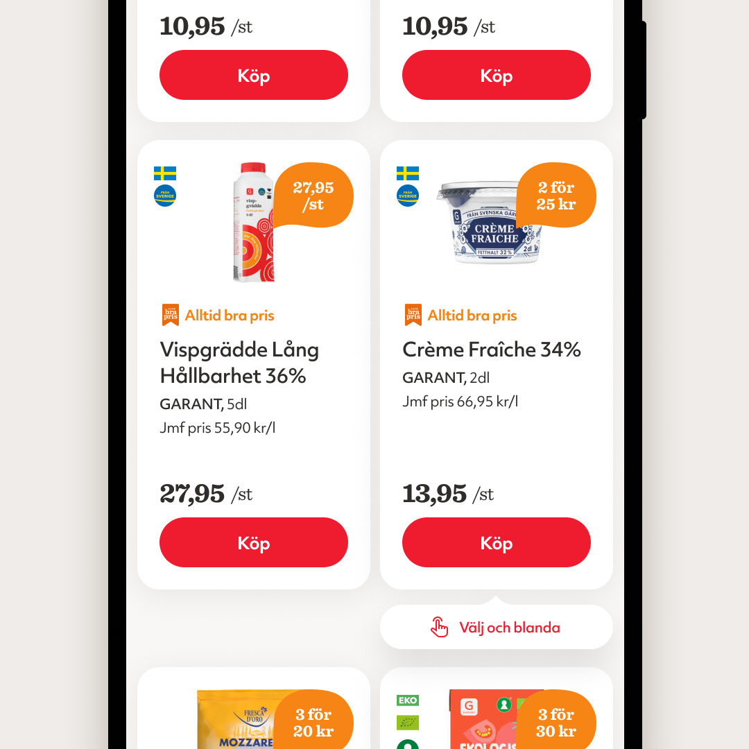 Online shopping app interface displaying dairy products including cream and milk bottles with prices, brand names, and purchase options.