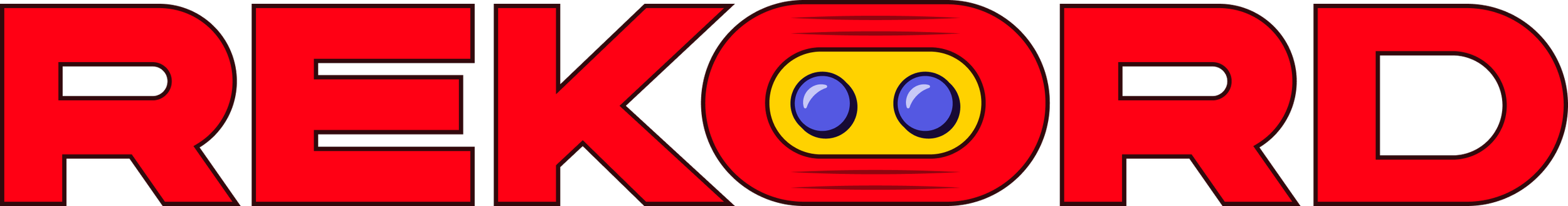 A logo with the word "REKORD" in bold red letters, with a stylized, cartoonish face with two eyes in a yellow oval shape replacing the letter "O".
