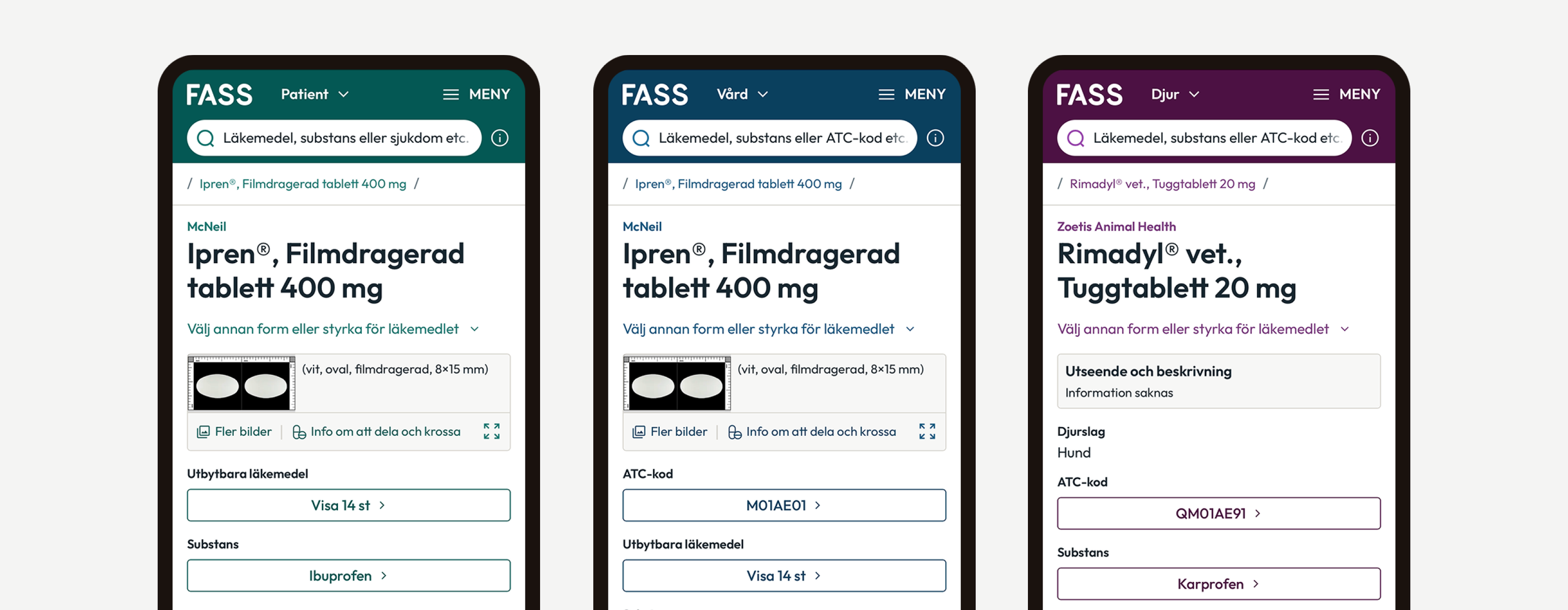 Smartphone screens displaying medication information in Swedish, featuring different drugs and their details.