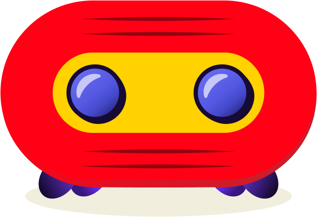 A cartoon red robot with large blue eyes, a yellow faceplate, and small blue feet.