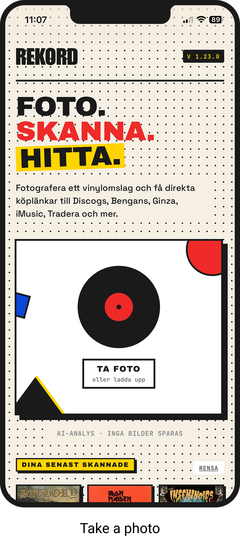 Smartphone screen showing an app interface in Swedish with a black, red, yellow, and white design, focusing on capturing or uploading music vinyl covers, with a large circular record icon, and buttons labeled 'TA FOTO' and 'eller ladda upp'.