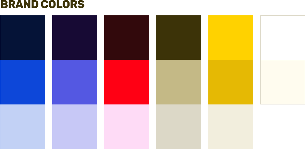 Color palette titled 'BRAND COLORS' showing seven vertical gradient bars of different shades: dark navy blue, deep purple, dark red, olive green, golden yellow, light cream, and off-white.