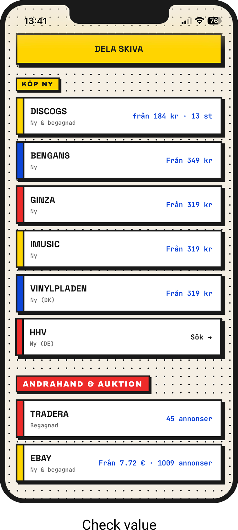 A mobile phone screen displaying an app in Swedish for buying and selling items, with categories like records, Bangs, Ginza, music, vinyl records, and more, with prices and options to browse new or used items.