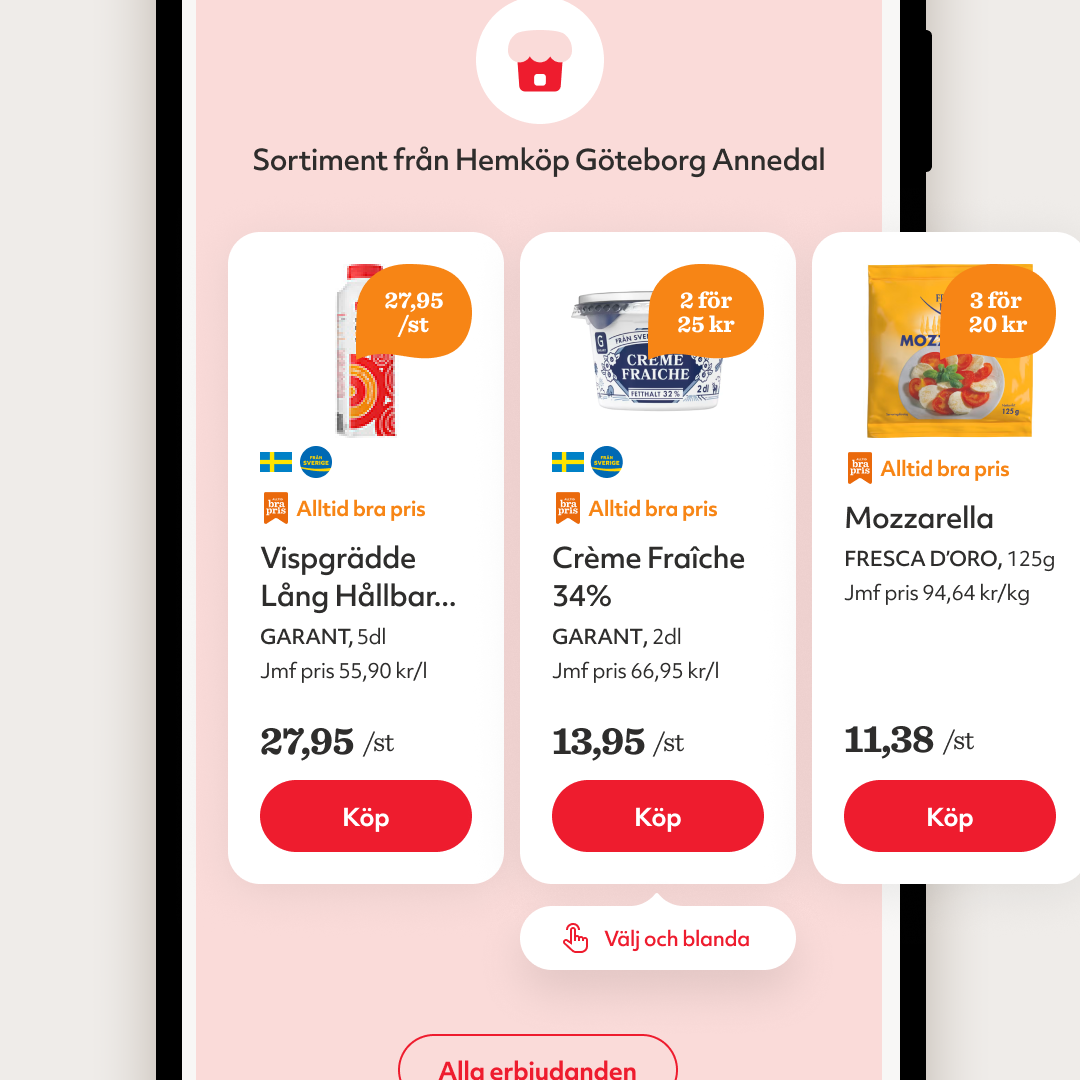 Online grocery store offers Swedish dairy products including long shelf-life whipped cream, crème fraîche, and mozzarella cheese.
