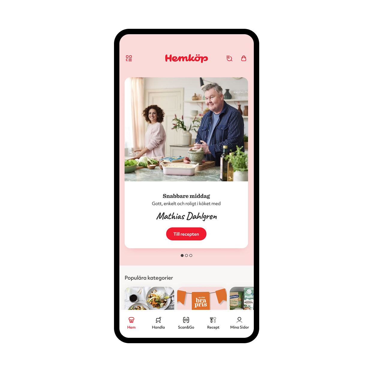 Mobile app interface for Hemköp with a photo of a man and woman cooking in a kitchen, Chef hat icon, shopping cart, search, shopping bag icons, and navigation menu with home, shop, scan and go, recipes, and user profile icons.