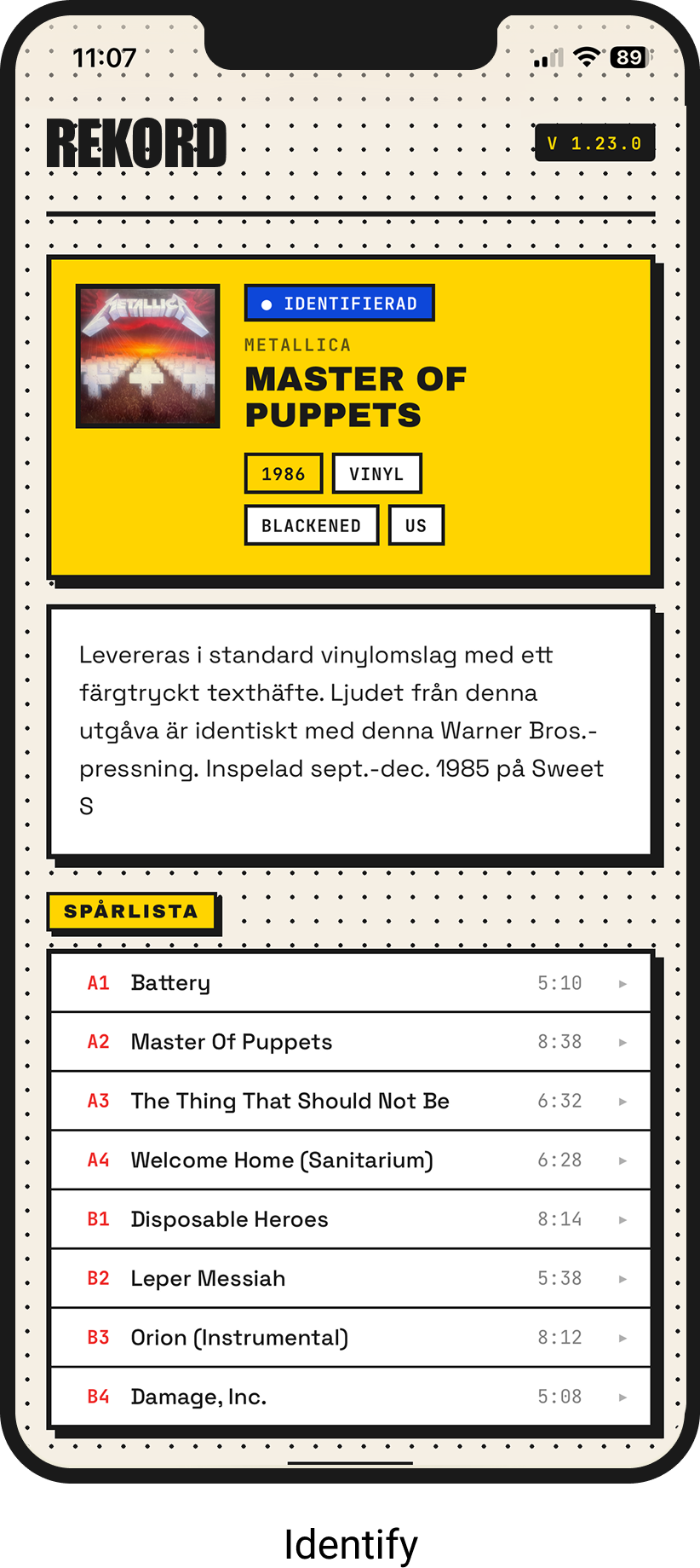 A digital music playlist screen featuring Metallica's Master of Puppets album with track list and details about the album, including release year 1986, format vinyl, manufactured in the US, and label Blackened, with a description in Swedish below. The top shows the time as 11:07, and the screen status icons display Wi-Fi, signal strength, and battery at 89%.