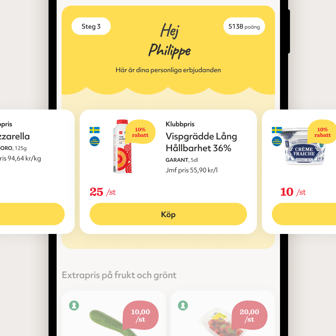 A personalized shopping offers screen in Swedish showing products on a yellow background. It features a greeting to Philippe, a club price for long-term sour cream, and a container of crème fraîche with yellow discount tags.