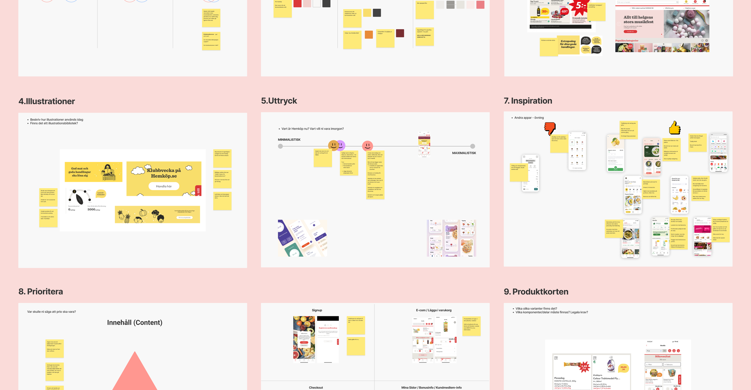 A presentation slide with multiple smaller slides and designs, featuring wireframes, mockups, and notes related to a project or product development process, with a pink background and yellow sticky notes.