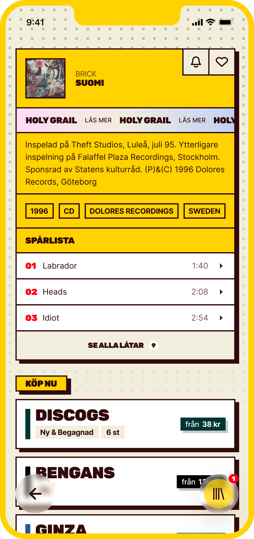Screenshot of a music app interface on a smartphone, displaying album details, tracklist, and purchase options.