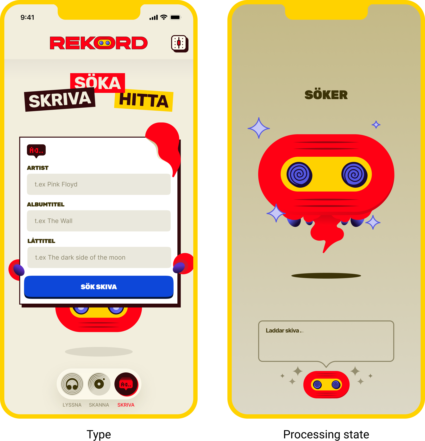 Screenshots of a mobile app interface in Swedish for recording music, with buttons for searching, writing, and finding, featuring a robot icon, a colorful robot character on a beige background, and options for uploading a track.