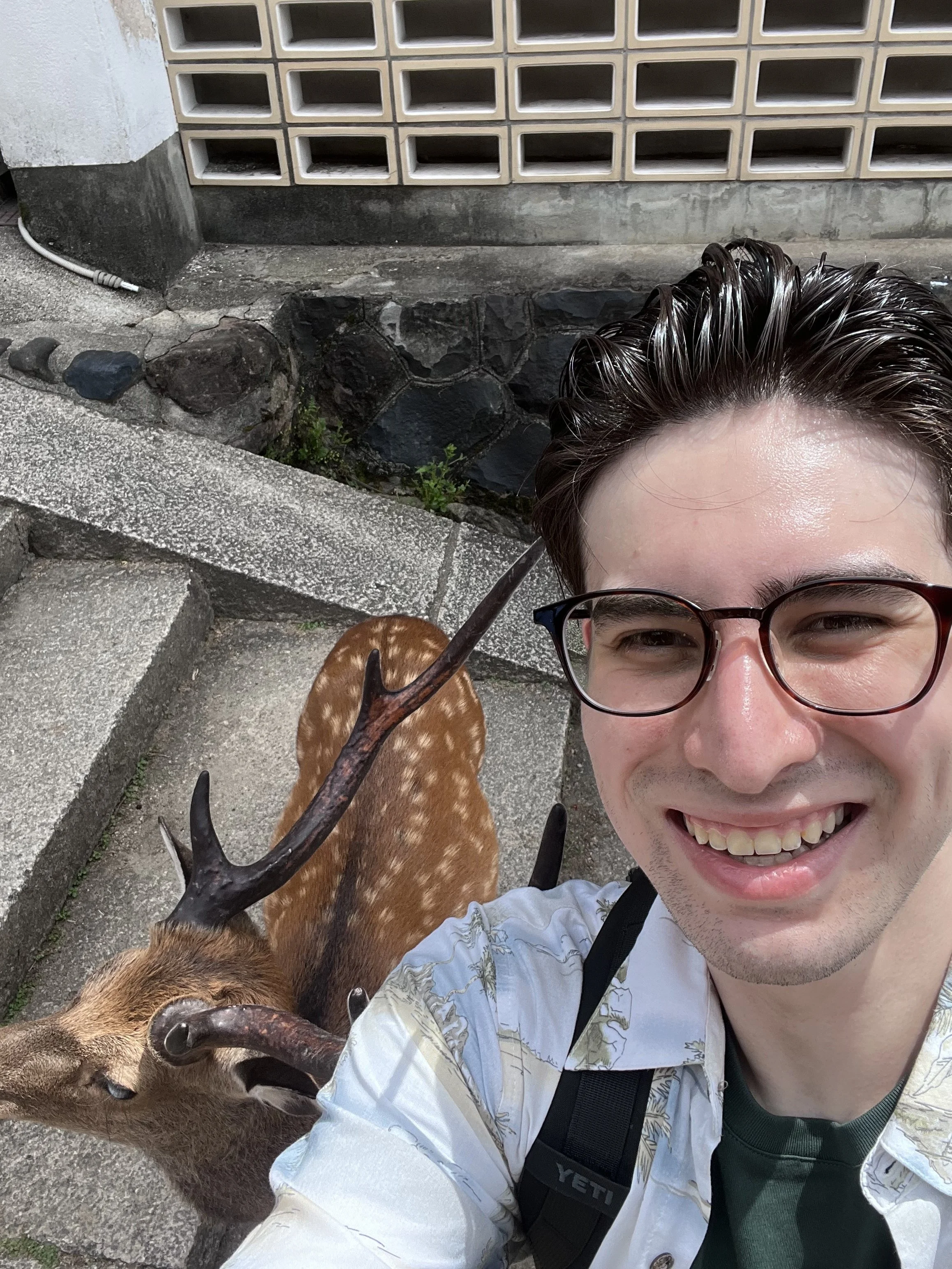 A smiling man with glasses taking a selfie with a brown dog with antlers on a concrete sidewalk near a brick and concrete wall.