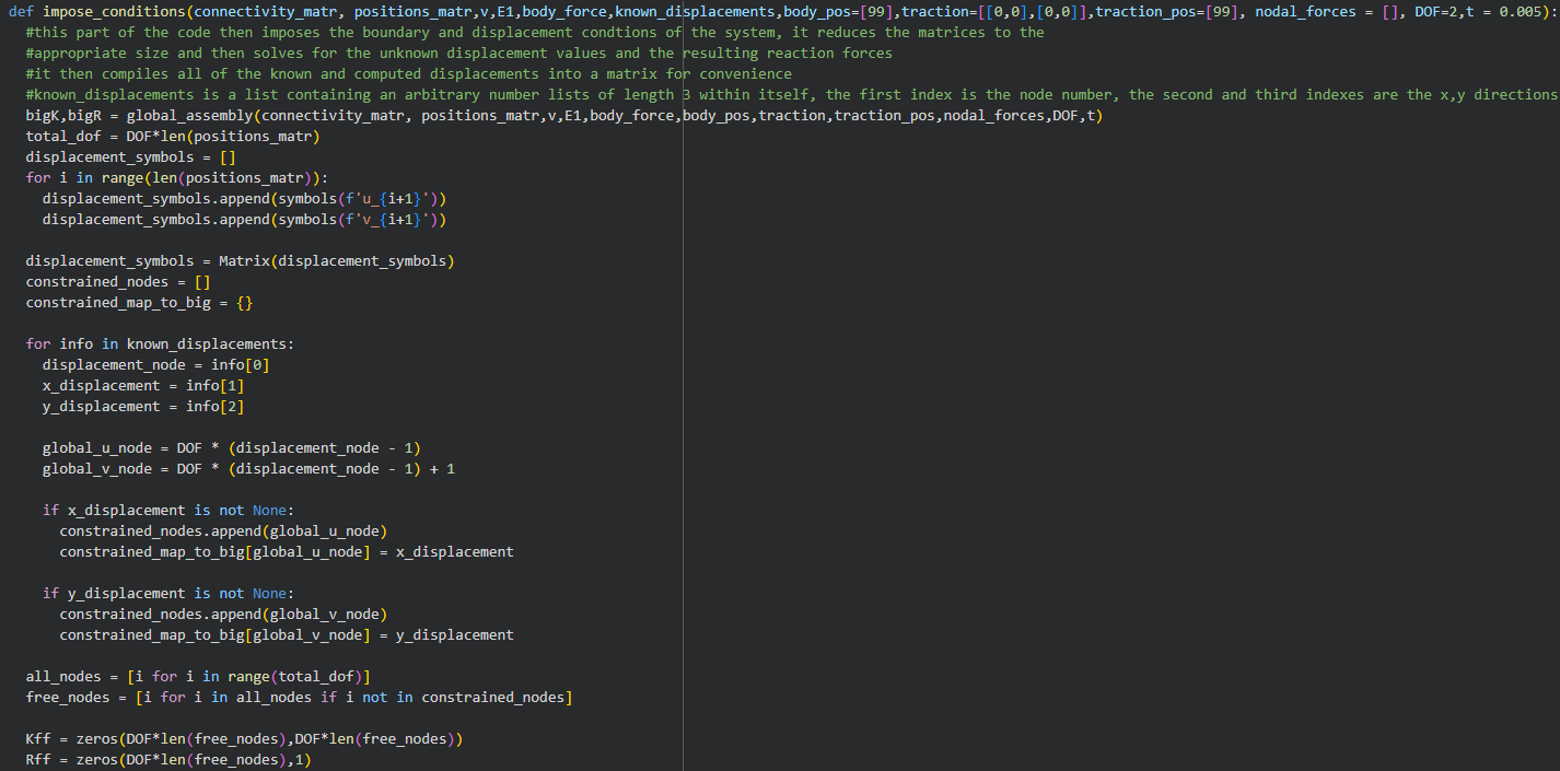 Screenshot of a computer code editor displaying a Python function for imposing boundary conditions in a system involving connectivity matrices, displacements, and constraints, with syntax highlighting and comments.