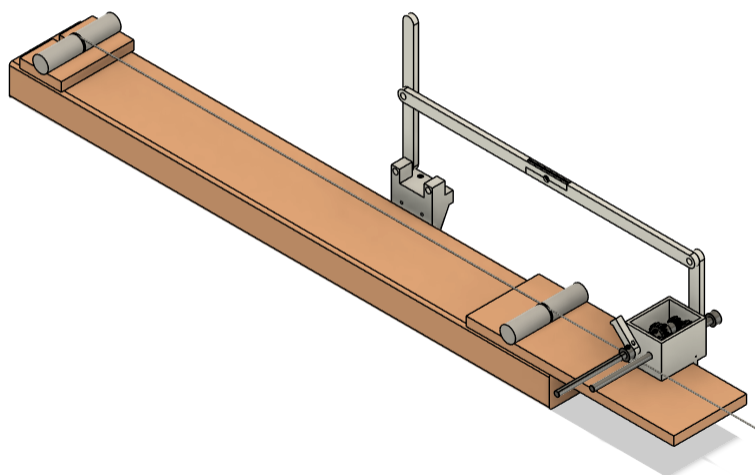Illustration of a guitar real time tuning mechanism setup with a long wooden board, levers, and a gearbox.