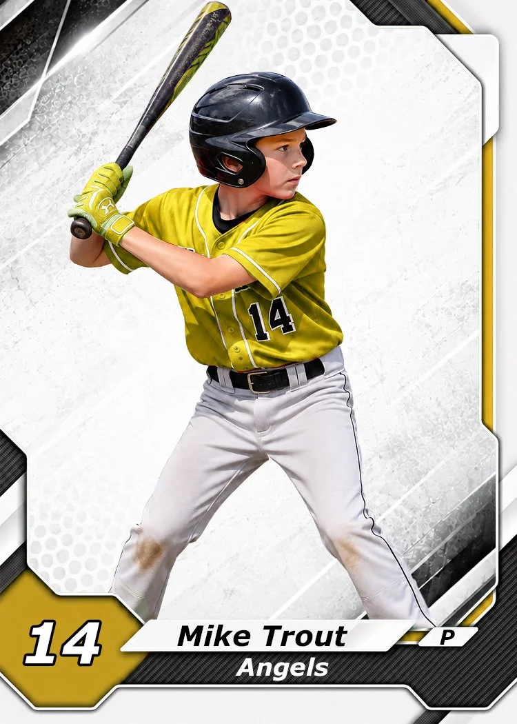 A young baseball player in a yellow jersey with the number 14, wearing a black helmet and holding a bat, appears ready to hit. The background features dynamic graphics with black, white, and yellow accents.