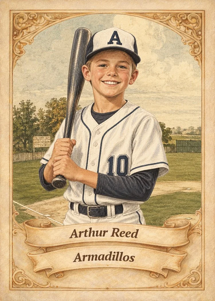 Photograph of a young boy in a baseball uniform holding a bat, standing on a baseball field. His uniform has the number 10, and he is wearing a cap with the letter A. The background shows trees and a scoreboard. Below the image, it reads 'Arthur Reed' and 'Armadillos'.