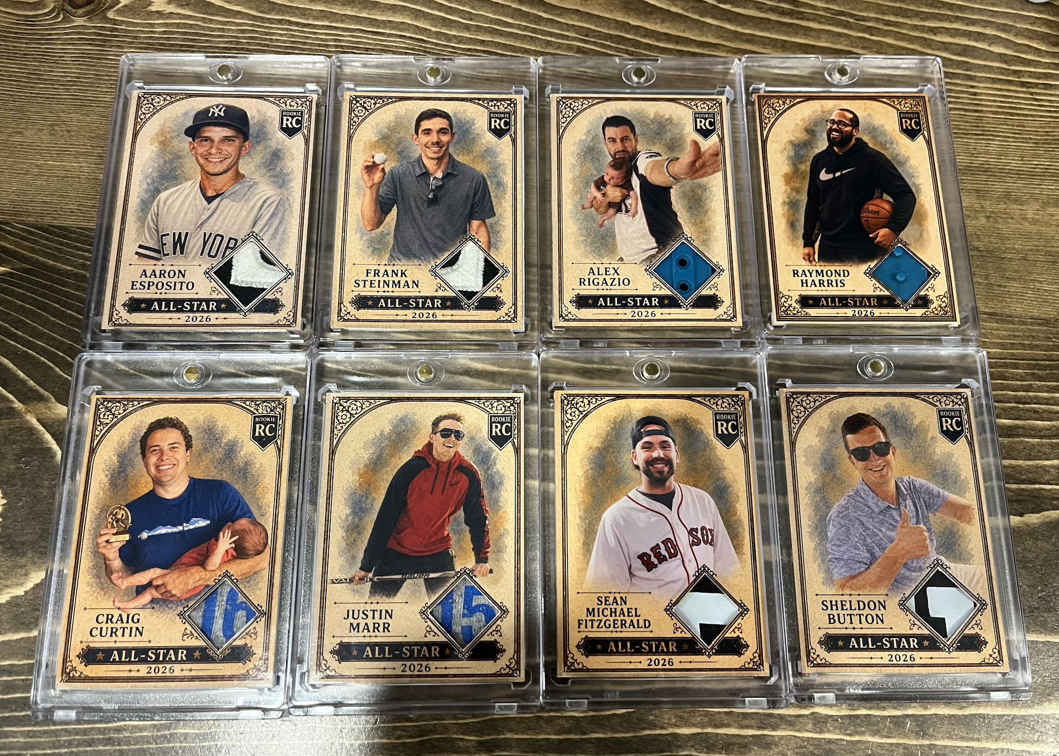 Collection of baseball trading cards featuring various players, each card displaying a photo of the player, their name, team, and year 2026, some with jersey patches or collectible elements.