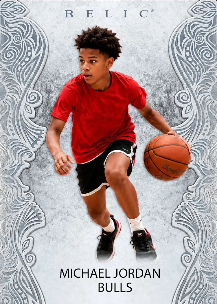 Poster of a young boy in a red shirt and black shorts playing basketball, with the text 'Michael Jordan Bulls' and intricate silver decorative borders.
