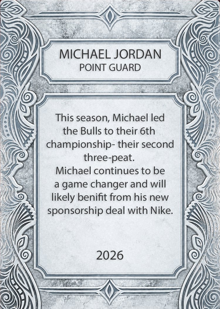 Decorative award plaque featuring a silver and grey ornate border, with text about Michael Jordan and his achievements in basketball, dated 2026.