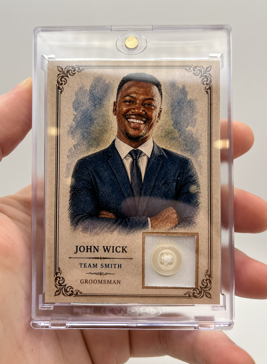 A business card with a photo of a smiling man in a suit, labeled as John Wick, Team Smith, Groomsman, inside a transparent plastic holder.