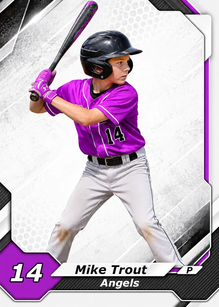 A young baseball player in a purple jersey with the number 14, wearing a black helmet and holding a bat, preparing to swing. The card indicates he is Mike Trout from the Angels.