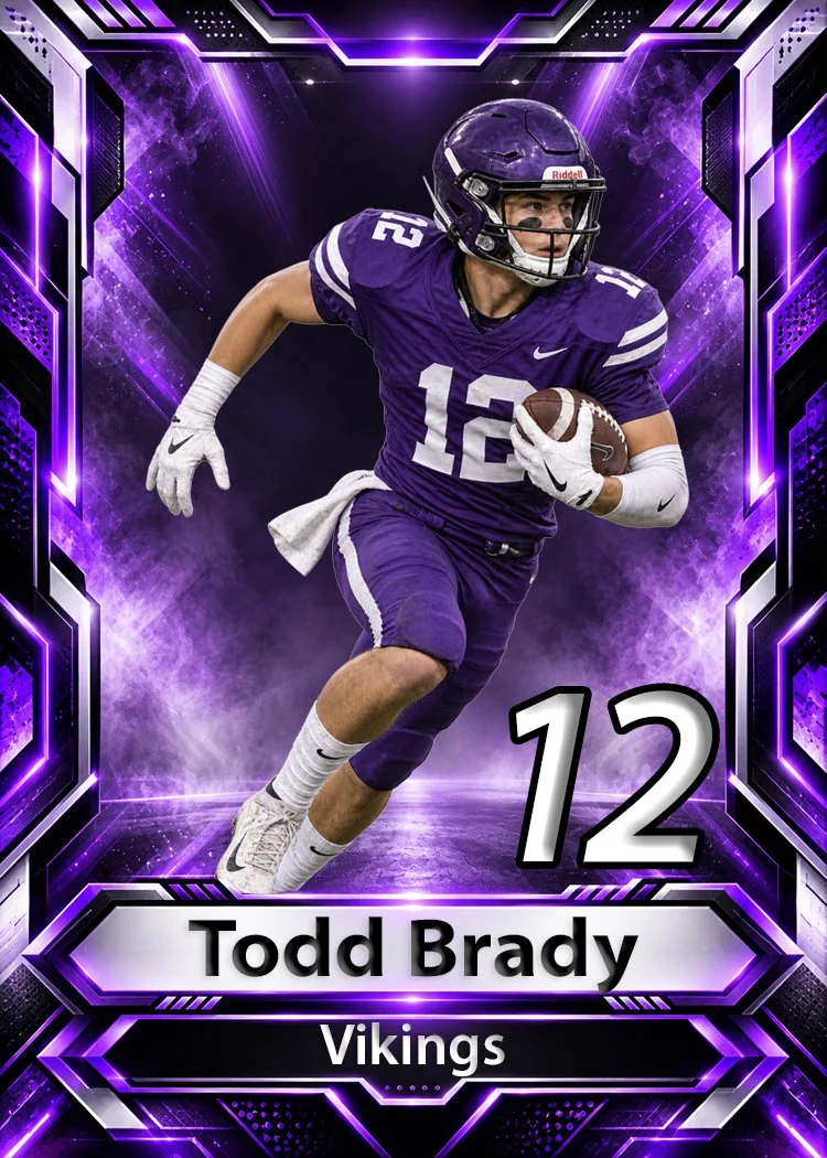 Football player Todd Brady in purple uniform with number 12, running with a football, purple and black digital background with "Vikings" text.